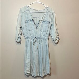 Light Blue Denim Drawstring Mini Dress with Zip Front
